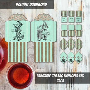 PRINTABLE pastel goth Alice in Wonderland mint tea bag envelopes Digital Download tea bag holder Printable tea party tea lover junk journal