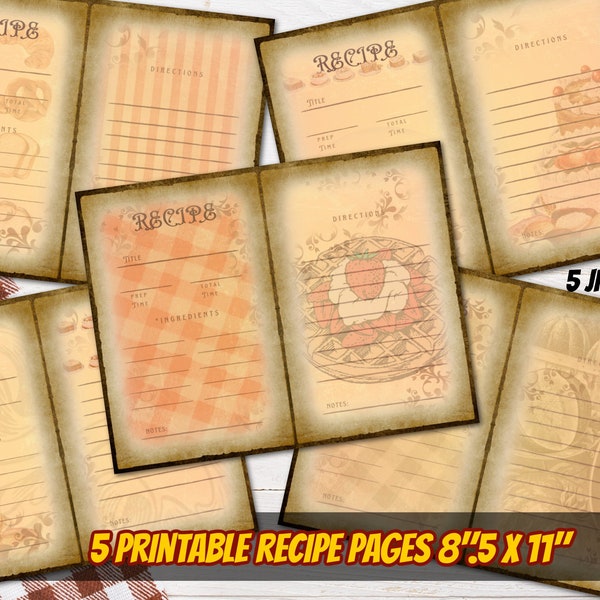 PRINTABLE Vintage blank recipe junk journal pages-diy recipe book retro kitchen recipe holder-cooking blank recipe page-vintage baking page