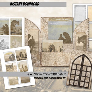 May include: Printable junk journal folio kit with a vintage aesthetic. The kit features a window design with a view of the Notre Dame Cathedral in Paris, France. The kit includes a variety of images, papers, and embellishments.