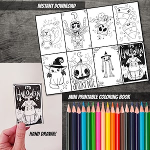 Könnte beinhalten: Ein druckbares Halloween-Malbuch mit acht Schwarzweißillustrationen. Die Illustrationen zeigen eine Katze mit Hexenhut, einen Kürbis, eine Spinne, ein Gespenst, einen Mais, einen Fledermaus. Der Text "It's Halloween" befindet sich auf einer der Seiten.