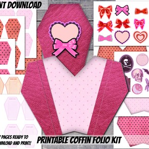 May include: Printable coffin folio kit with 17 pages ready to download and print. The kit features a pink and white coffin with a heart and bow design, along with various other decorative elements.