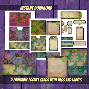 PRINTABLE vintage boho floral pocket cards tags and labels bundle-diy envelopes-scrapbooking-boho card making-printabel pocket junk journal