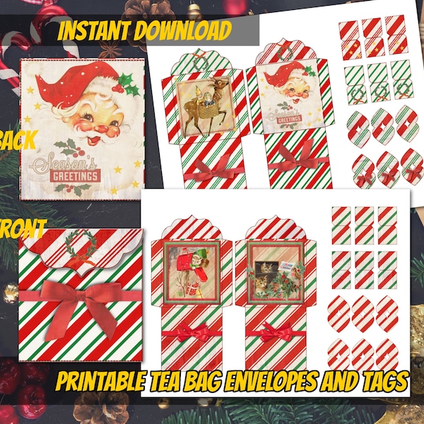 PRINTABLE vintage Santa and kittens tea bag envelopes bundle-DIY tea bag holder-Christmas tea party-gift for tea lover-homemade tea envelope