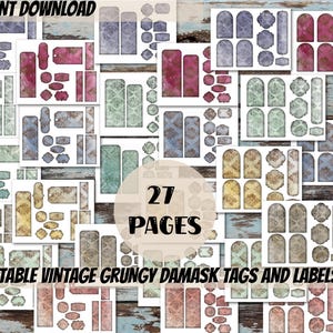 Könnte beinhalten: Eine Sammlung von druckbaren Vintage-Grunge-Damast-Tags und -Etiketten in verschiedenen Formen und Größen. Die Tags und Etiketten sind in den Farbtönen Blau, Grün, Rosa und Gold gehalten. Das Bild enthält den Text "SOFORT-DOWNLOAD", "27 SEITEN" und "DRUCKBARE VINTAGE GRUNGY DAMAST-TAGS UND -ETIKETTEN".