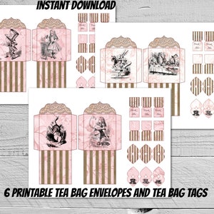 AFDRUKBARE vintage roze Alice in Wonderland theezakje enveloppen-digitale download theezakje houder-alice shabby tea party-diy tea party supplies