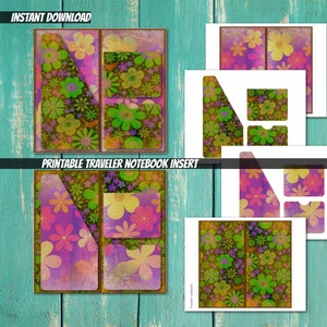 May include: Printable traveler notebook inserts with a retro floral design in shades of purple, green, and yellow. The inserts feature pockets and a vintage, textured appearance. The words "INSTANT DOWNLOAD" and "PRINTABLE TRAVELER NOTEBOOK INSERT" are visible.
