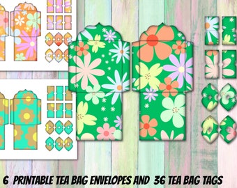 Sobres y etiquetas imprimibles para bolsitas de té con motivos florales retro y coloridos - Descarga digital - Regalo DIY para amantes del té - Fiesta del té floral de primavera