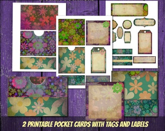 PRINTABLE vintage boho floral pocket cards tags and labels bundle-diy envelopes-scrapbooking-boho card making-printabel pocket junk journal