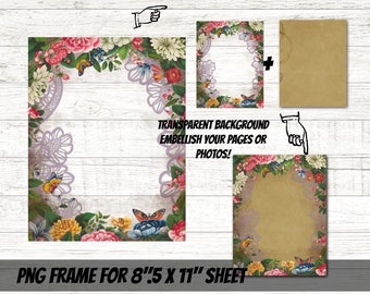 PNG Vintage floral frame with transparent background-Vintage victorian frame clip art-junk journal page overlays-Page edges flowers overlay
