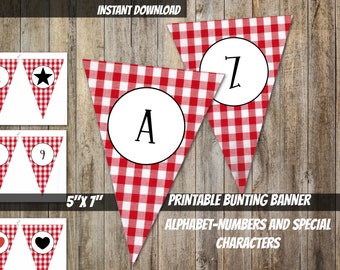 PRINTABLE alphabet and numbers Bunting Banner Digital Download Gingham party garland DIY bunting party printable homemade food fair banner