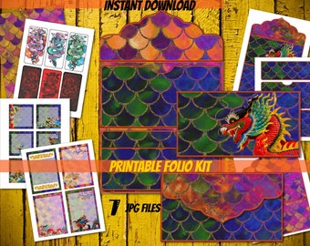Printable Dragon folio kit Oriental dragon scales colorful folio insert kit junk journal digital download-bright colors Year of the Dragon