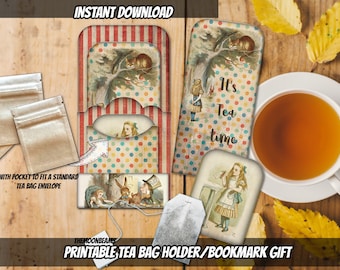 May include: Printable tea bag holder and bookmark featuring Alice in Wonderland illustrations. The holder has a pocket for a standard tea bag envelope and a colorful polka dot design. The bookmark features Alice with the text "It's Tea Time".