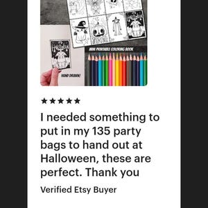 May include: A set of nine printable Halloween coloring pages featuring cute spooky characters. The pages are designed to be printed and colored in. The image also shows a set of colored pencils.