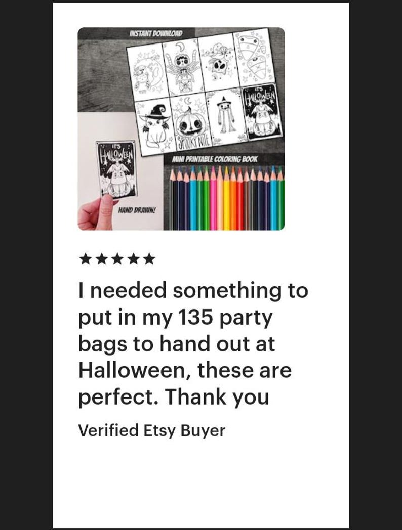 May include: A set of nine printable Halloween coloring pages featuring cute spooky characters. The pages are designed to be printed and colored in. The image also shows a set of colored pencils.