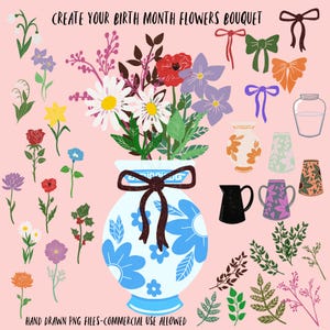 Bundle PNG dessiné à la main avec des fleurs du mois de naissance à usage commercial, concevez votre propre bouquet art original fleurs et vase clipart feuille feuillage dessin