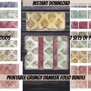 Może przedstawiać: Drukowany pakiet folio z grunge'owym damaskiem z 7 folio i 7 zestawami kieszeni. Projekty charakteryzują się estetyką vintage z kwiatowymi wzorami w odcieniach beżu, różu i zieleni. Widoczne są słowa "Natychmiastowe pobieranie" i "Drukowany pakiet folio z grunge'owym damaskiem".