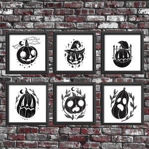 6 PRINTABLE Hand drawn Halloween Black Pumpkins square wall art decor goth print spooky Halloween digital linocut style Jack O lantern art
