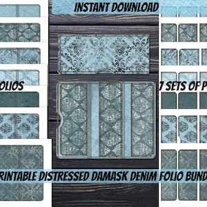 Może przedstawiać: Drukowany pakiet folio z postarzanego dżinsu w stylu damasceńskim. Obraz przedstawia kolekcję cyfrowych prac papierowych, w tym folia i kieszenie. Folia i kieszenie mają niebieski i szary wzór damasceński. Tekst na obrazie mówi "Natychmiastowe pobieranie", "7 Folii" i "7 Zestawów kieszeni".