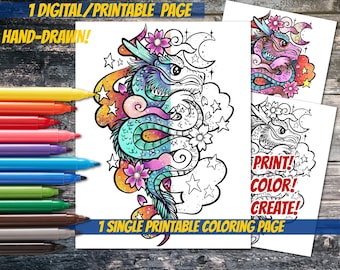 PRINTABLE Single Dragon Coloring page digital file only Oriental dragon original drawings spooky cute coloring sheet hand-drawn coloring art