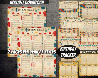 PRINTABLE vintage perpetual Birthday Tracker bundle-Birthday planner calendar organization sheet DIY planner-instant download planner pages