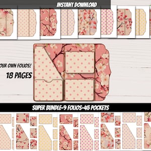 May include: A set of 9 printable folios with 45 pockets, featuring a pink floral design with white polka dots. The folios are designed for creating custom organisers and planners.