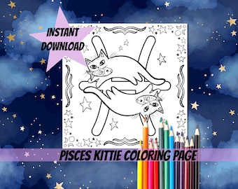 PRINTABLE Pisces Zodiac Kittie Coloring page Digital Horoscope Cat Coloring pages Celestial coloring  zodiac Sign for cats lovers