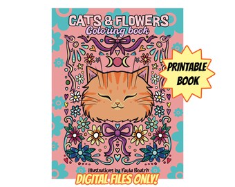 PRINTABLE Blumen und Katzen Malbuch für Erwachsene mit handgezeichneter Kunst Digitales Ausmalbuch für Ipad süße Blumen Katze Malseite