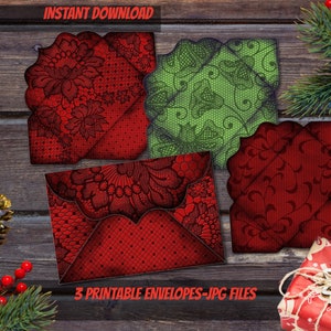 4&quot;X6&quot;PRINTABLE  Christmas envelopes lace gothic envelopes red and green christmas ephemera junk journal vintage Christmas card envelopes