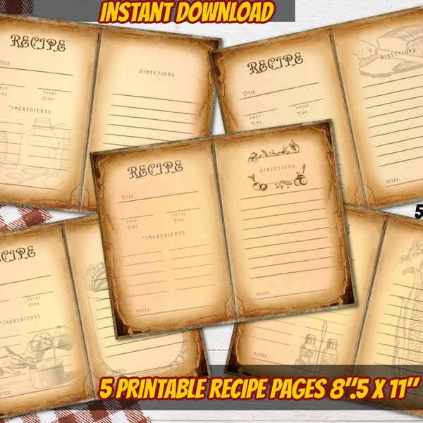 PRINTABLE Vintage recipe page bundle-vintage blank recipe card-diy cooking book recipe book-diy retro cooking book kitchen junk journal page