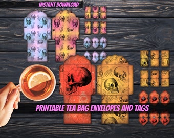 Sobres imprimibles vintage con diseño de calaveras en colores brillantes para bolsitas de té. Descarga digital. Regalo gótico para amantes del té de verano. Manualidades para fiestas de té de primavera.