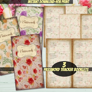 Op de afbeelding: Drie printbare wachtwoordtracker-boekjes met bloemmotieven. Elk boekje heeft een titel die "Wachtwoorden" zegt in een decoratief lettertype. De bloemmotieven bevatten rozen, vlinders en bladeren in tinten roze, rood, geel en groen.
