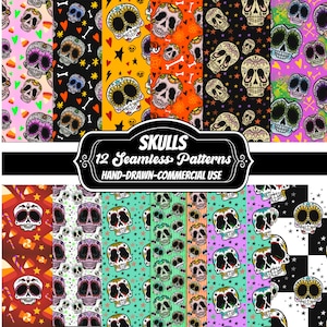 Puede incluir: Una colección de 12 patrones sin costuras con calaveras de azúcar coloridas. Los patrones incluyen varios fondos con estrellas, huesos y caramelos. Se muestra el texto "SKULLS 12 Seamless Patterns Hand-Drawn-Commercial Use".