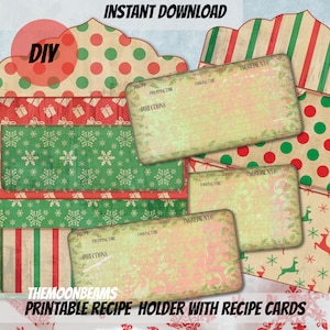 PRINTABLE vintage Christmas Recipe folder with recipe cards-vintage kitchen junk journal folio-cooking printable recipe gift for bakers