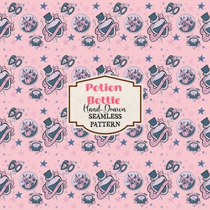 Hand Drawn pink Halloween potion bottle digital seamless pattern Commercial use digital papers retro Halloween printables JPG repeat pattern
