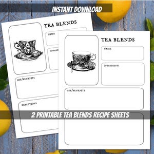 Folha em branco de misturas de chá para IMPRIMIR para escrever suas próprias receitas, cartão de receita de chá digital, download instantâneo de receitas de chá, página em branco