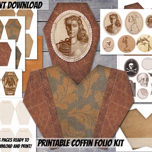 May include: Printable coffin folio kit with 16 pages ready to download and print. The kit includes a variety of images, including a skull and crossbones, a bat, a spider, and a rose. The kit also includes a coffin-shaped box that can be assembled.