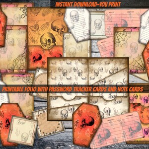 May include: Printable Halloween-themed folio with password tracker cards and note cards. The folio features a skull and crossbones design with orange, pink, and white colors. The cards are decorated with a variety of spooky designs.