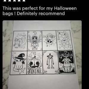 May include: A printable coloring page with eight black and white illustrations of Halloween characters. The characters include a cat, a spider, a pumpkin, a ghost, and a witch. The text "It's Halloween" and "Spooky Nite" are included in the design.