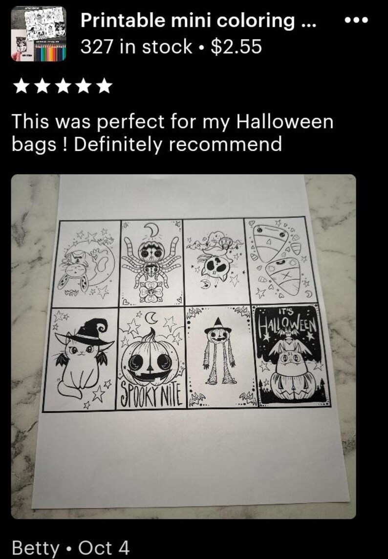 May include: A printable coloring page with eight black and white illustrations of Halloween characters. The characters include a cat, a spider, a pumpkin, a ghost, and a witch. The text "It's Halloween" and "Spooky Nite" are included in the design.