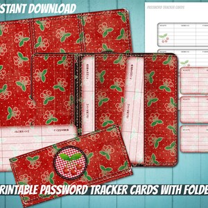 May include: A collection of red password tracker cards and a folder with a cherry and leaf pattern. The words "INSTANT DOWNLOAD" and "PRINTABLE PASSWORD TRACKER CARDS WITH FOLDER" are visible.