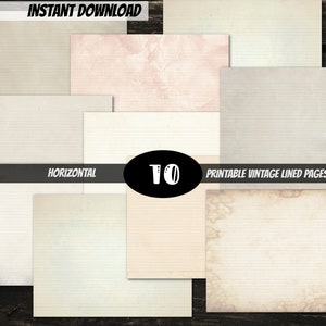 Peut inclure: Dix pages lignées vintage imprimables à orientation horizontale. Les pages sont de couleur crème avec une texture vieillie subtile et des lignes fines.