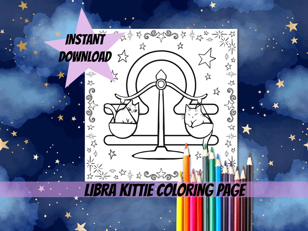 PRINTABLE Libra Zodiac Kittie Coloring Page Digital Horoscope Cat Coloring Pages Celestial ...