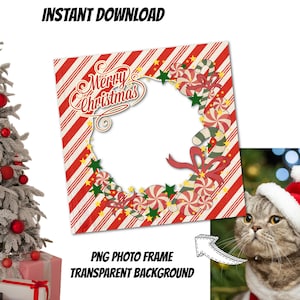PNG Vintage striped Christmas photo frame with transparent background-Vintage peppermint frameclip art-Christmas clip art square photo frame