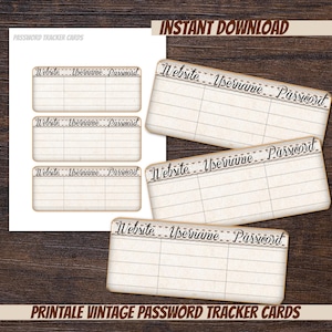 May include: Vintage-style password tracker cards with the words "Website," "Username," and "Password" printed on each card. The cards are cream-colored with a lined design and are arranged on a dark wood surface. The words "Instant Download" and "Printable Vintage Password Tracker Cards" are also visible.
