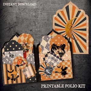 May include: A printable Halloween folio kit with a vintage aesthetic. The kit features orange, black, and cream colors, with illustrations of witches, bats, and pumpkins. The text "INSTANT DOWNLOAD" and "PRINTABLE FOLIO KIT" are visible.