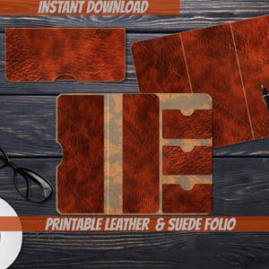 Puede incluir: Diseños de folio imprimibles de cuero y ante en tonos marrones. La imagen incluye una cartera, un folio con bolsillos y un folio más grande. Se ve el texto "INSTANT DOWNLOAD" y "PRINTABLE LEATHER & SUEDE FOLIO".