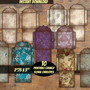 2&quot;.75x3&quot;PRINTABLE Vintage grungy floral mini envelope bundle-DIY mini envelope digital download-floral ephemera cottage small envelope set
