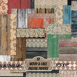 Wood and lace digital paper textures for background collage scrapbooking junk journal card making-printable wood texture-wood backgrounds