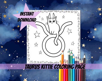 PRINTABLE Taurus Zodiac Kittie Coloring page Digital Horoscope Cat Coloring pages Celestial coloring  zodiac Sign for cats lovers