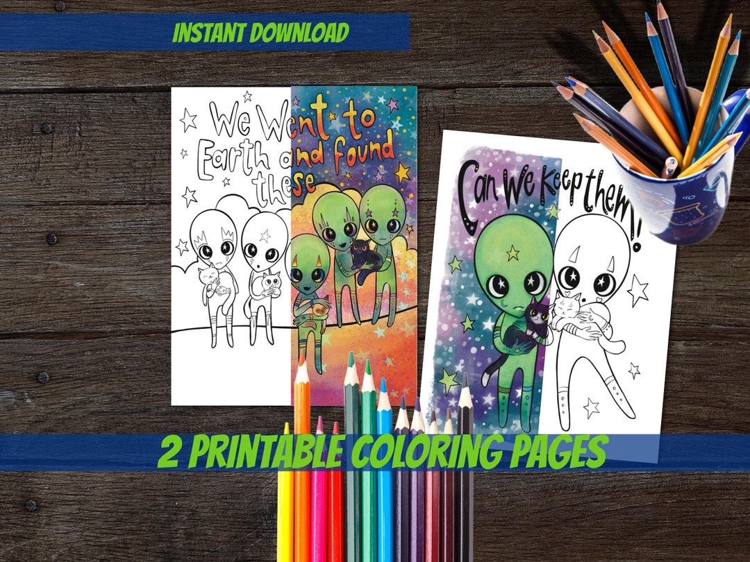 2 Hand Drawn Printable Coloring Pages Cute Aliens and Cats Digital ...